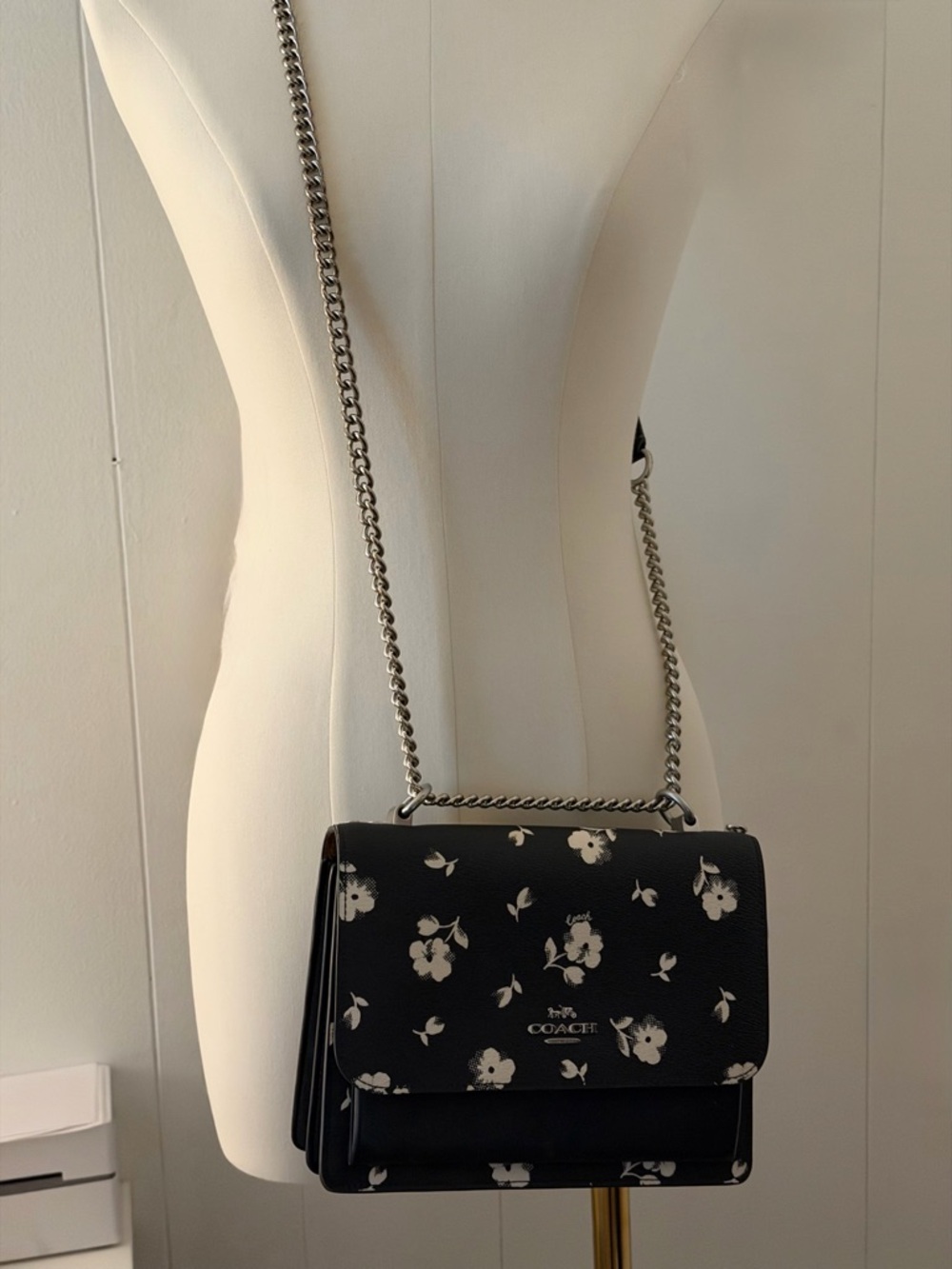 Coach Klare Black Floral Leather Crossbody with Silver Chain Strap - Picture 2 of 2